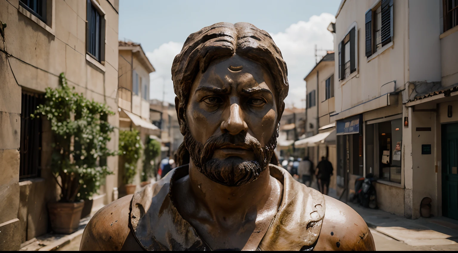 Ancient Stoic Statue With Very Angry Expression, tem barba, muitos detalhes em ambos os olhos, Outside, fundo atenas grego, open sky, com rosto extremamente detalhado full body view, Colors with low saturation with dark tone, Filmado em Sony A7S III com Sony FE 35mm f/1.8, 12.1 MP, --AR 3:2 --estilo cru