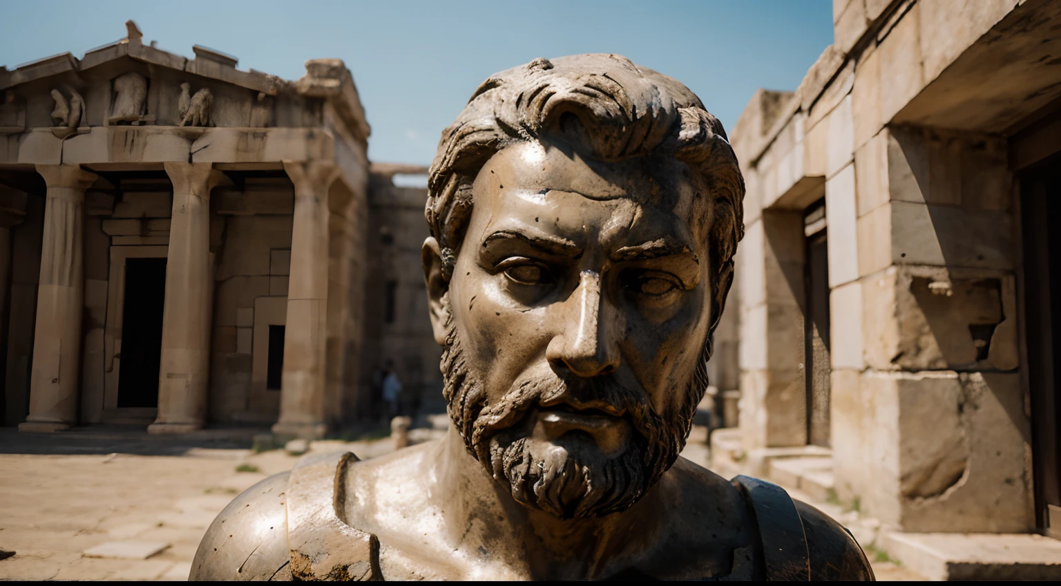 Ancient Stoic Statue With Very Angry Expression, tem barba, muitos detalhes em ambos os olhos, Outside, fundo atenas grego, open sky, com rosto extremamente detalhado full body view, Colors with low saturation with dark tone, Filmado em Sony A7S III com Sony FE 35mm f/1.8, 12.1 MP, --AR 3:2 --estilo cru