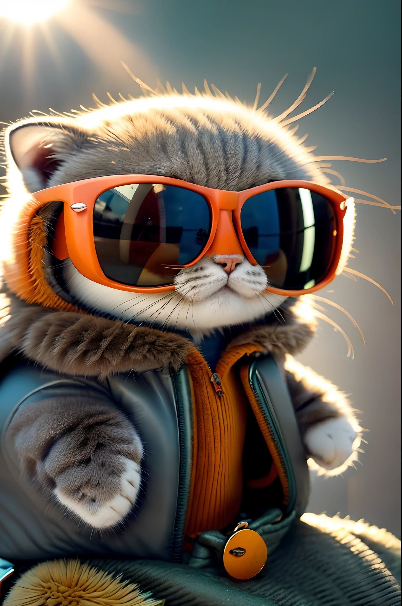 there is a cat wearing sunglasses and a jacket on a bus, looking heckin cool and stylish, with sunglasses, cat photography, awesome cat, in sun glasses, wearing cool sunglasses, with sunglass, amazing shades, furry artist, wearing shades, ferret in sunglasses, cool sunglasses, wearing orange sunglasses, by Alexander Deyneka, sun glasses