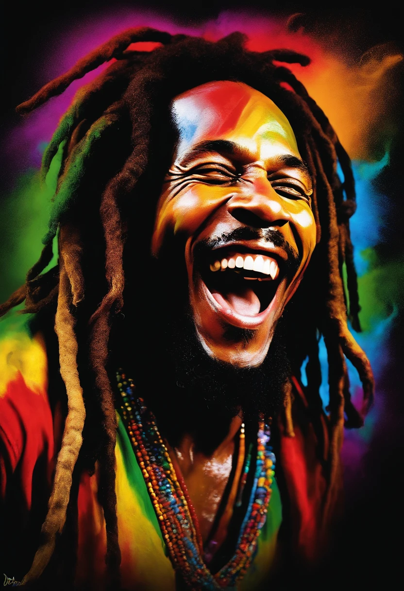 a close up of a colorful liquid painting on a black background, vibrant neon inks painting, fluid coloured smoke, acid color smoke, color explosion, philosophical splashes of colors, paint swirls, color ink explosion, abstract colors, smiling man with dreadlocks and a white shirt with a smile, bob marley, Rastafarian, rasta, reggae, jamaica, dread, hemp, stunning art, raggae art, dreads, with a brilliant, inspiring art, insane smile, dreadlocks, huge smile, very huge smile, dreadlock black hair, dreadlock hair, masterful art, big smile (spectrum color) primary Colores