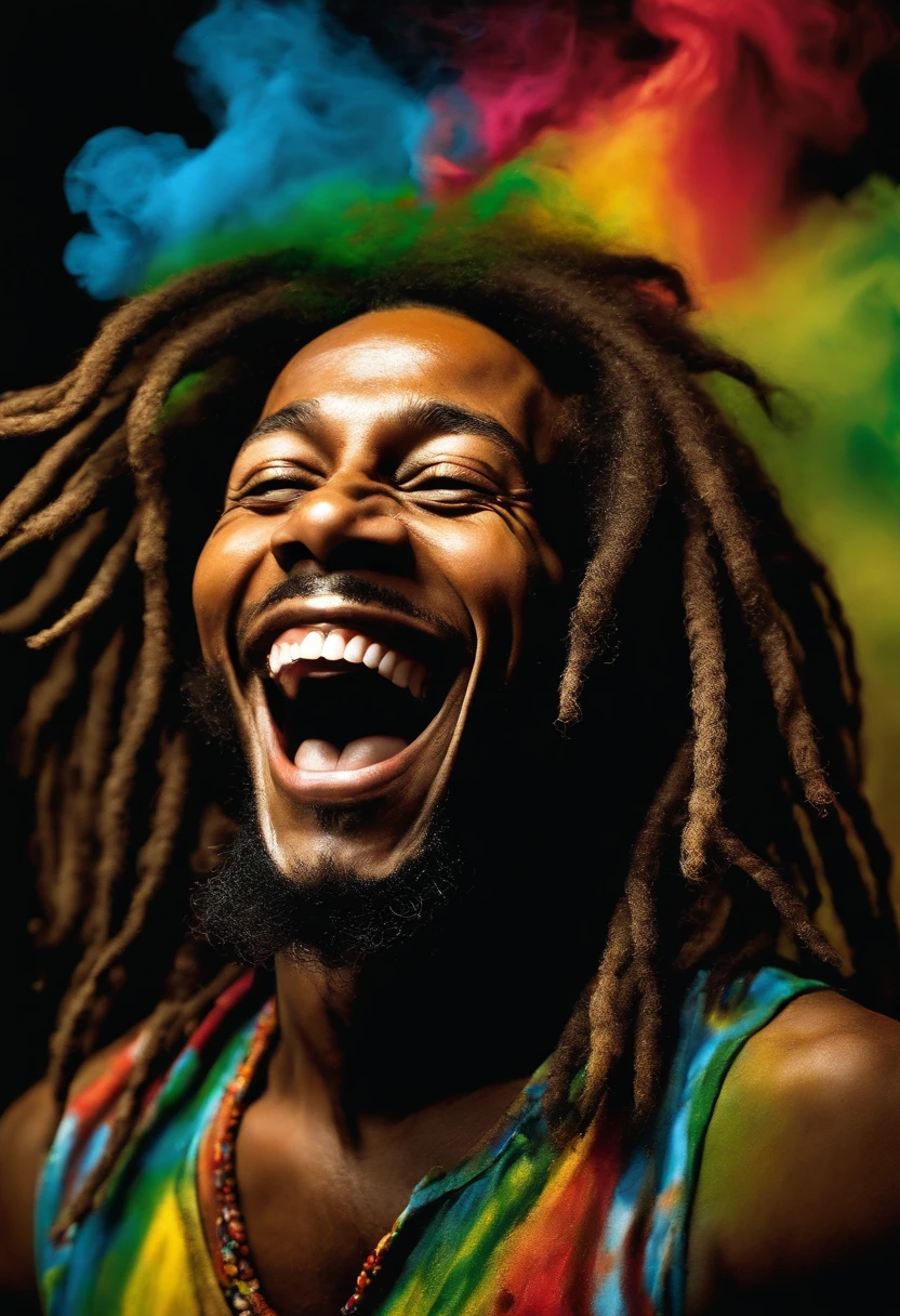 a close up of a colorful liquid painting on a black background, vibrant neon inks painting, fluid coloured smoke, acid color smoke, color explosion, philosophical splashes of colors, paint swirls, color ink explosion, abstract colors, smiling man with dreadlocks and a white shirt with a smile, bob marley, Rastafarian, rasta, reggae, jamaica, dread, hemp, stunning art, raggae art, dreads, with a brilliant, inspiring art, insane smile, dreadlocks, huge smile, very huge smile, dreadlock black hair, dreadlock hair, masterful art, big smile (spectrum color) primary Colores