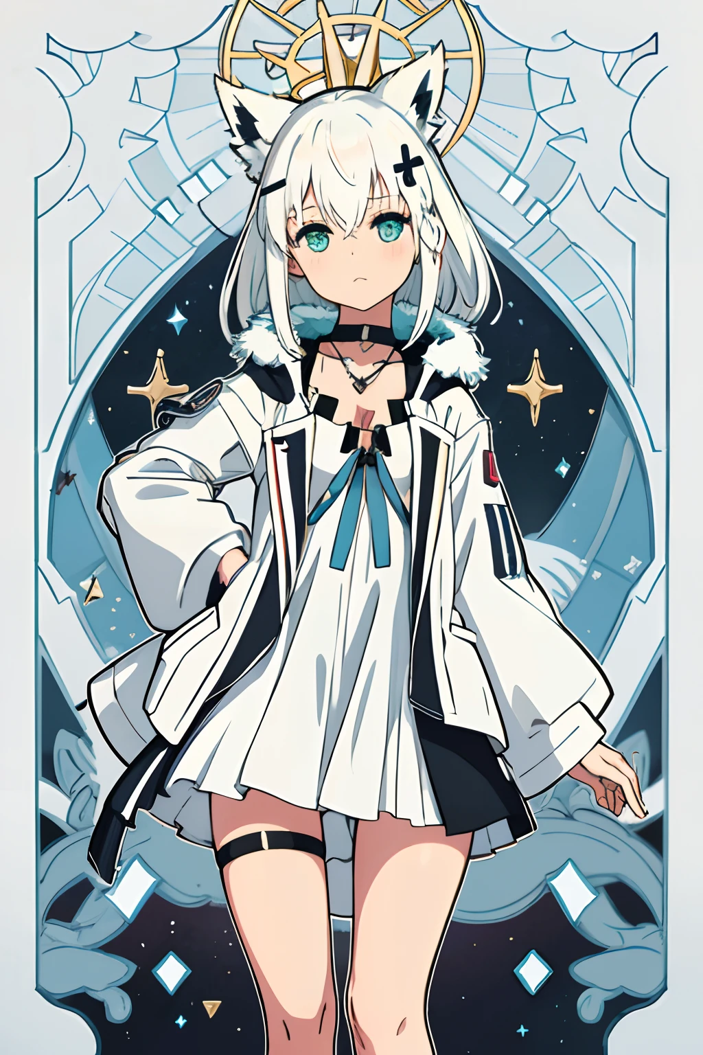 masterpiece, (absurdres, highres, ultra detailed),fubukitechwear, white jacket, fur-trimmed jacket, hairclip, dog tags, choker, white microdress, black microdress, thigh strap, blue ribbon, white hair, single side braid, fox ears, \tarot\, Symbolism, Visual art, Occult, Universal, Vision casting, Philosophical, Iconography, Numerology, Popularity, Artistic, Alfons Mucha