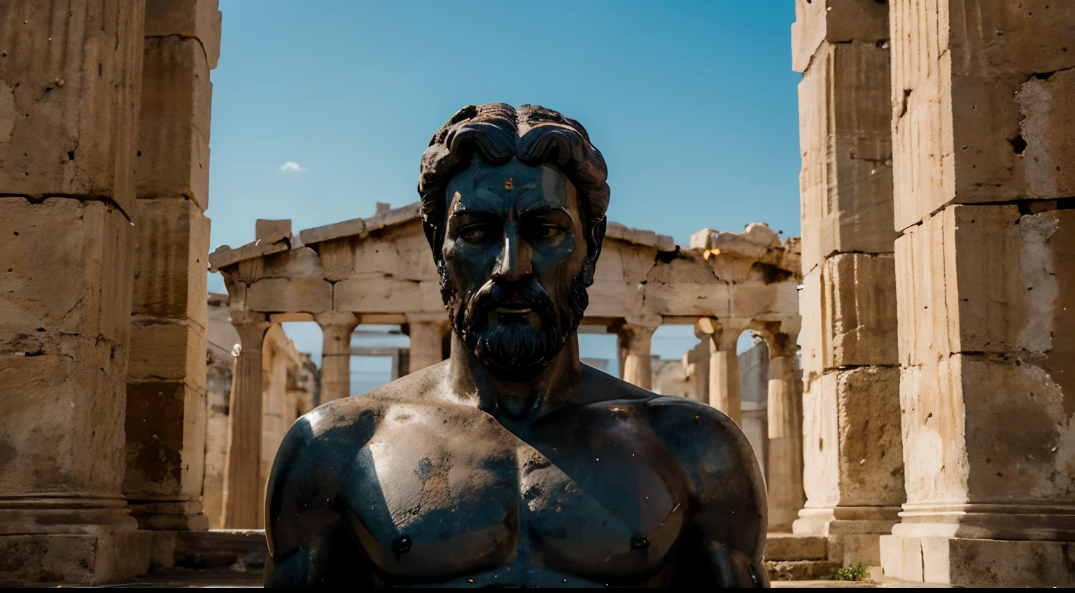 Ancient Stoic Statue With Very Angry Expression, tem barba, muitos detalhes em ambos os olhos, Outside, fundo atenas grego, open sky, com rosto extremamente detalhado full body view, Colors with low saturation with dark tone, Filmado em Sony A7S III com Sony FE 35mm f/1.8, 12.1 MP, --AR 3:2 --estilo cru