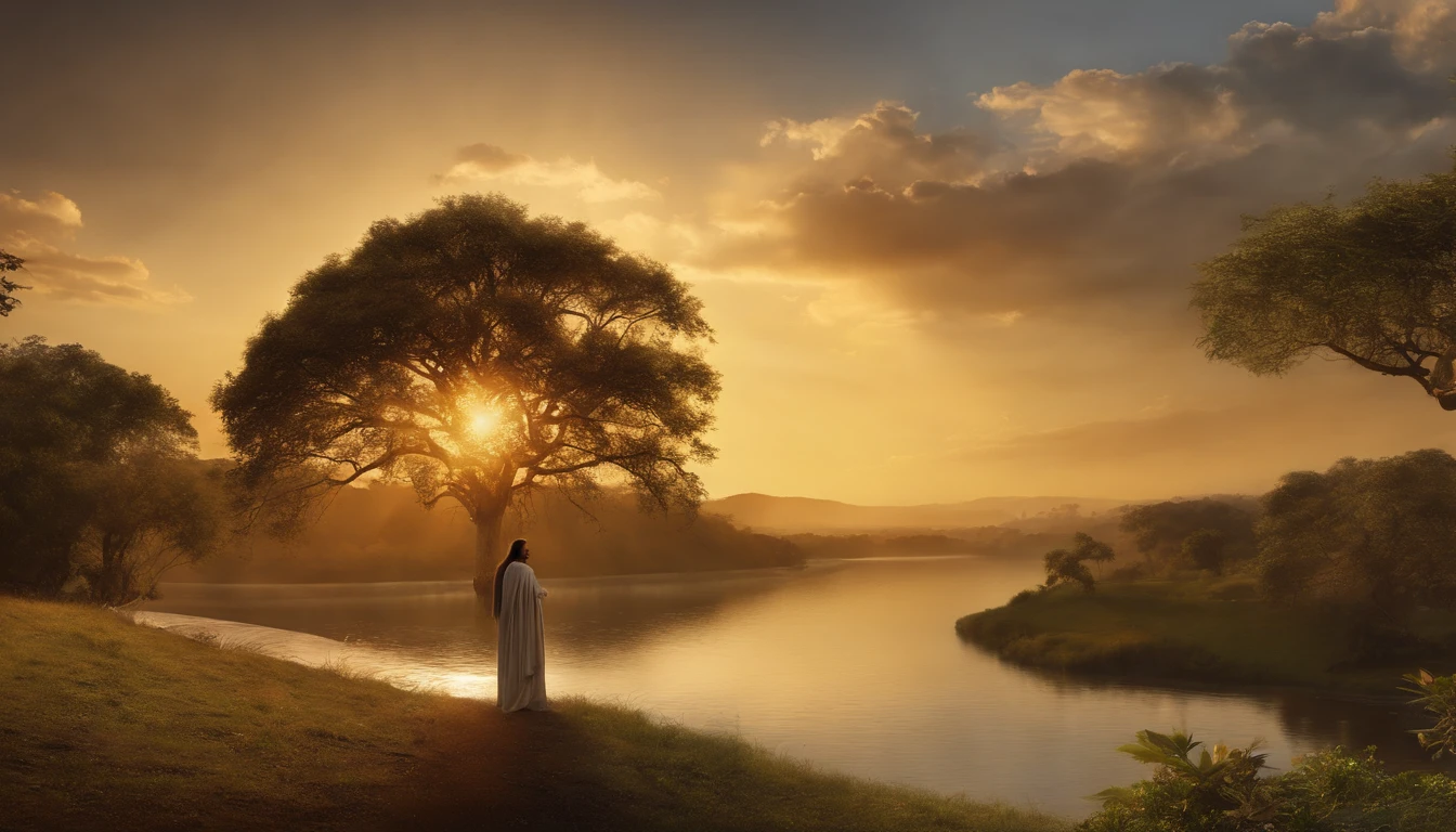 (melhor qualidade,4k,8k,Altas,master part:1.2),ultra-detalhado,(Realistic,fotorrealista,photo-realistic:1.37),jesus cristo,estilo de arte tradicional,vivid and dynamic brushstrokes,Ancient playful setting ,Charismatic expression,postura humilde,historic portrait,Noble Features,estilo de pintura de tinta e lavagem,finely detailed facial features,dynamic compositing,Paradisiacal scenery,olhar confiante,,ambiente com Luz do sol dourada iluminando a cena,aura de angelical,atmosphric perspective,Explosive lighting,Jesus blessing the river, ao por do sol
