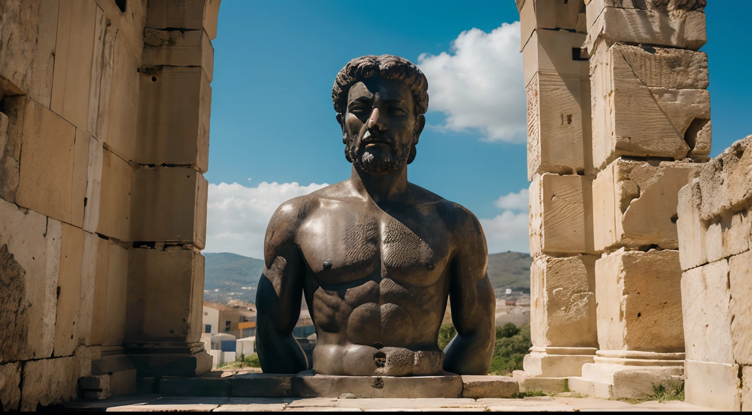 Ancient Stoic Statue With Very Angry Expression, tem barba, muitos detalhes em ambos os olhos, Outside, fundo atenas grego, open sky, com rosto extremamente detalhado full body view, Colors with low saturation with dark tone, Filmado em Sony A7S III com Sony FE 35mm f/1.8, 12.1 MP, --AR 3:2 --estilo cru