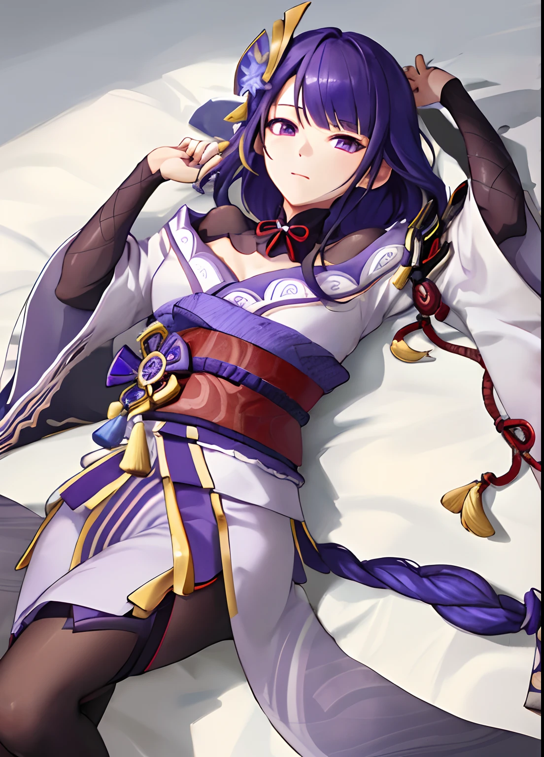 raidenshogundef, looking at viewer, facing viewer, lying down, hand up, calm