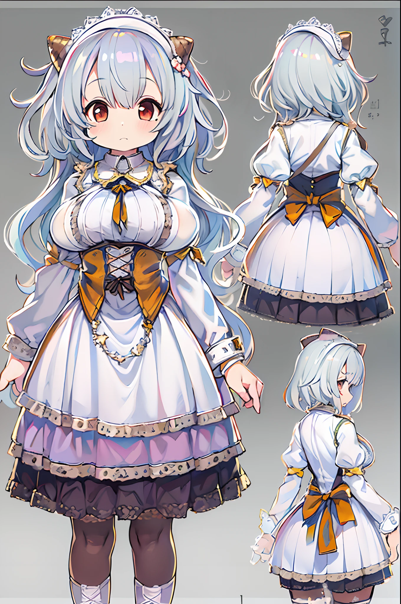((masutepiece)), (Highest Quality))), (CharacterDesignSheet, National Costume, Same character, front, Side, Back), Illustration, 1 girl, Full body, Silver hair, Eye hair, Beautiful eyes, Princess Cut, environment change scene, Short skirt, Shyness, Woman, girl, Standing, Gothic lolita, v tuber, Charter Betarola, (Simple background, White background: 1.3) ( masutepiece:1.2), (Best Quality:1.3),bbw