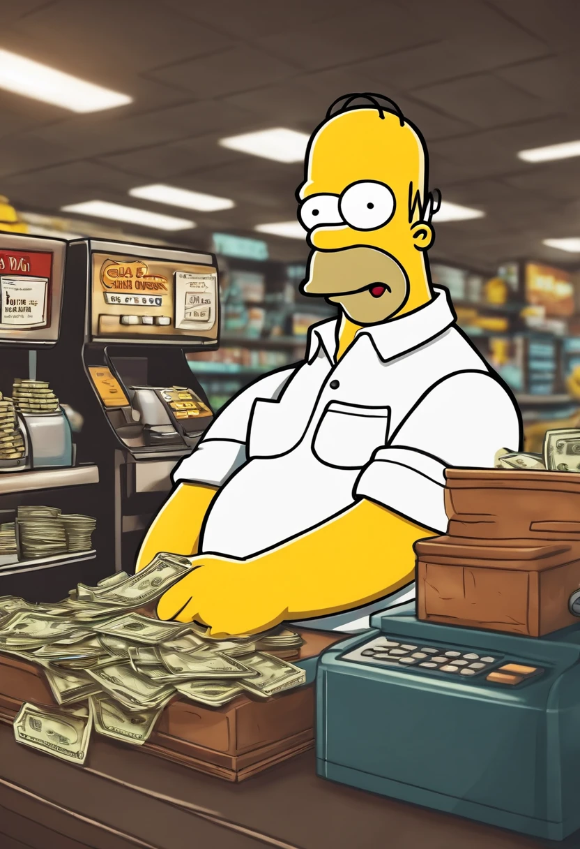 Homer Simpson sitting at the cash register,Distribute flyers to promote your own store,Les Simpson, Homer Simpson