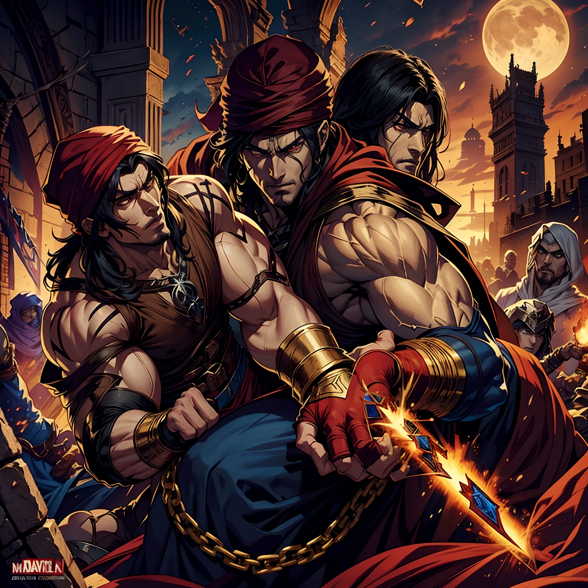 Castlevania islamic moroccan lord of shadows hyperrealistic super detailed dynamic shot central scene of arabic morocco red turban hokuto no ken kenshiro Lord Dracula leading demon army troops into battle sharp details hokuto no ken kenshiro muscular and handsome warrior style