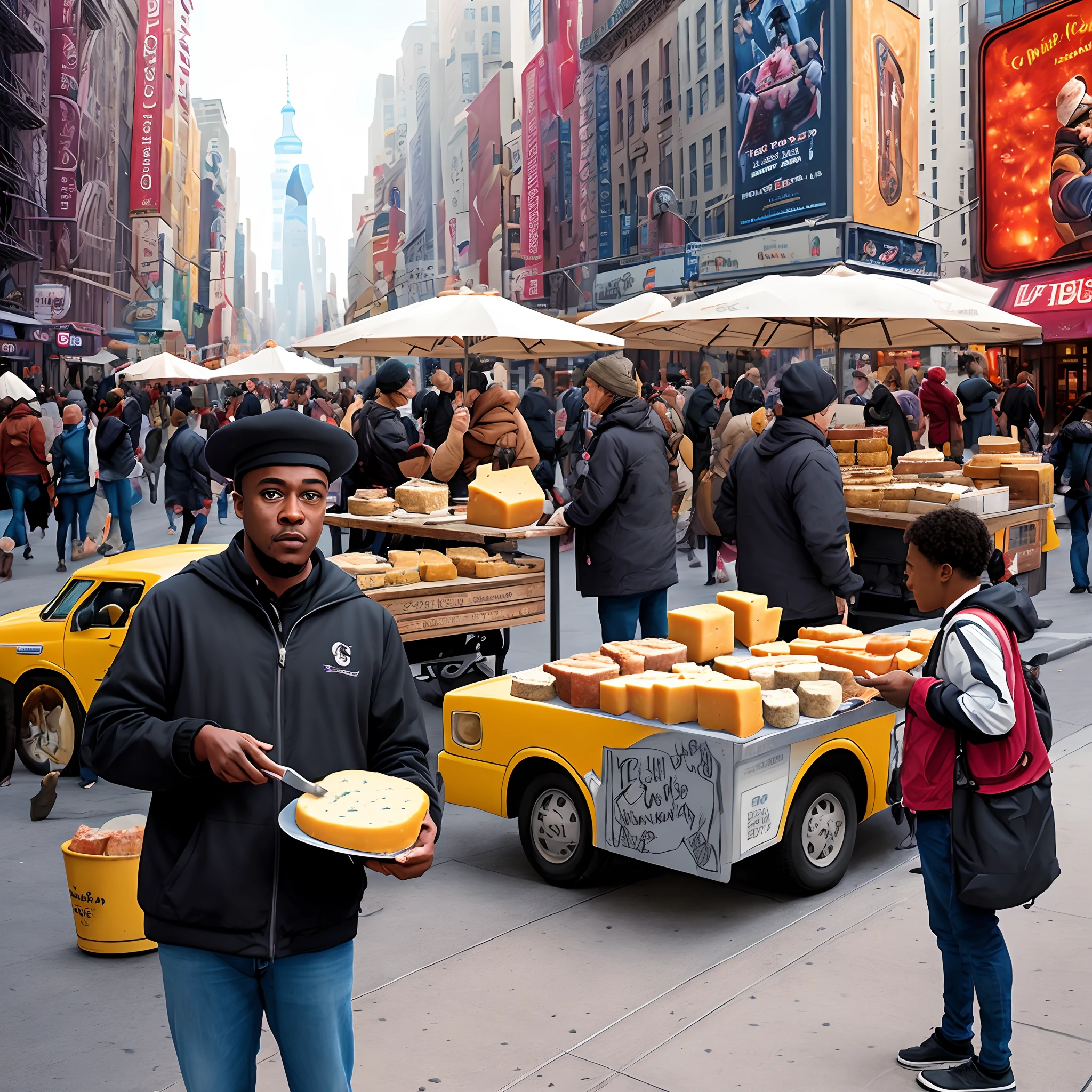 Create a movie poster for Nyguus, a black guy selling cheese on the streets of new york, Disney Pixar movie style