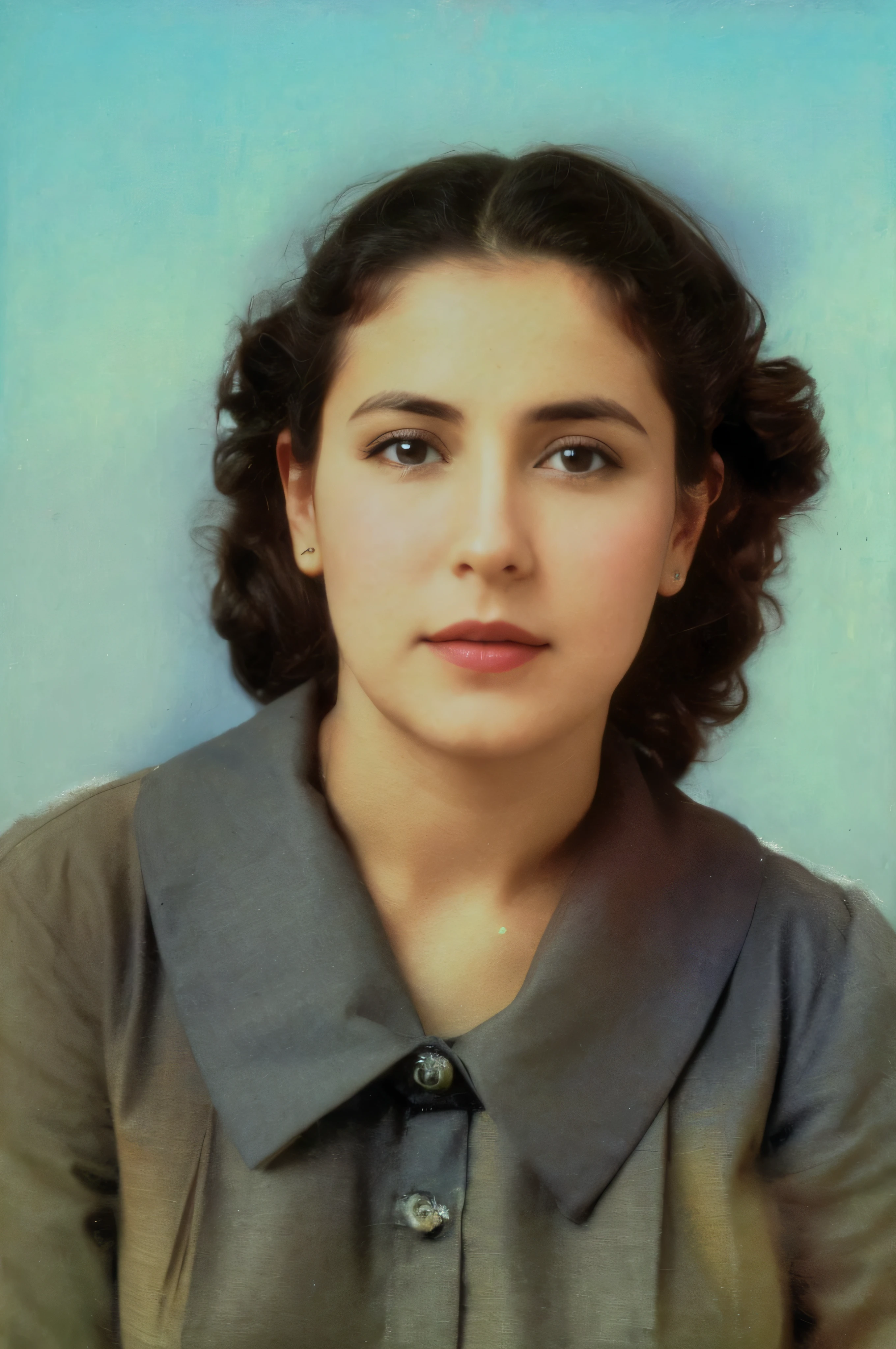 Foto de una mujer con corbata y camisa, Color photo of a lady, fondo color cian claro