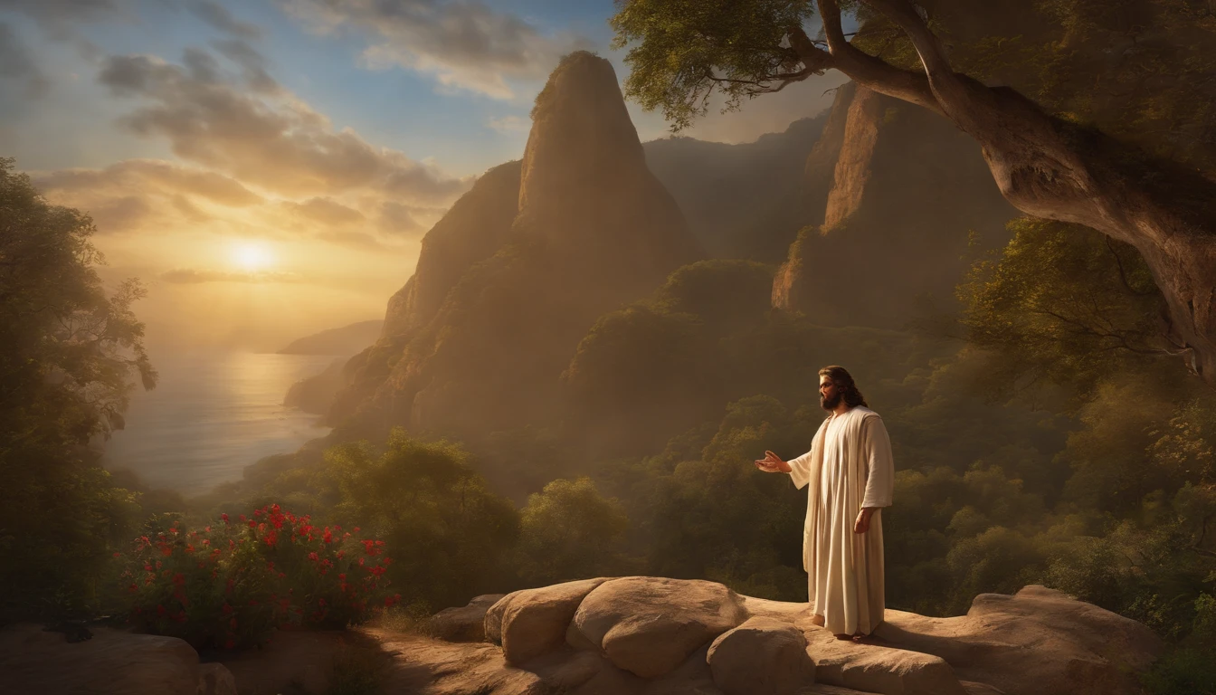 (melhor qualidade,4k,8k,Altas,master part:1.2),ultra-detalhado,(Realistic,fotorrealista,photo-realistic:1.37),jesus cristo,estilo de arte tradicional,vivid and dynamic brushstrokes,Ancient playful setting ,Charismatic expression,postura humilde,historic portrait,Noble Features,estilo de pintura de tinta e lavagem,finely detailed facial features,dynamic compositing,Paradisiacal scenery,olhar confiante,,ambiente com Luz do sol dourada iluminando a cena,aura de angelical,atmosphric perspective,Explosive lighting,Jesus Blessing Mulitdão, ao por do sol