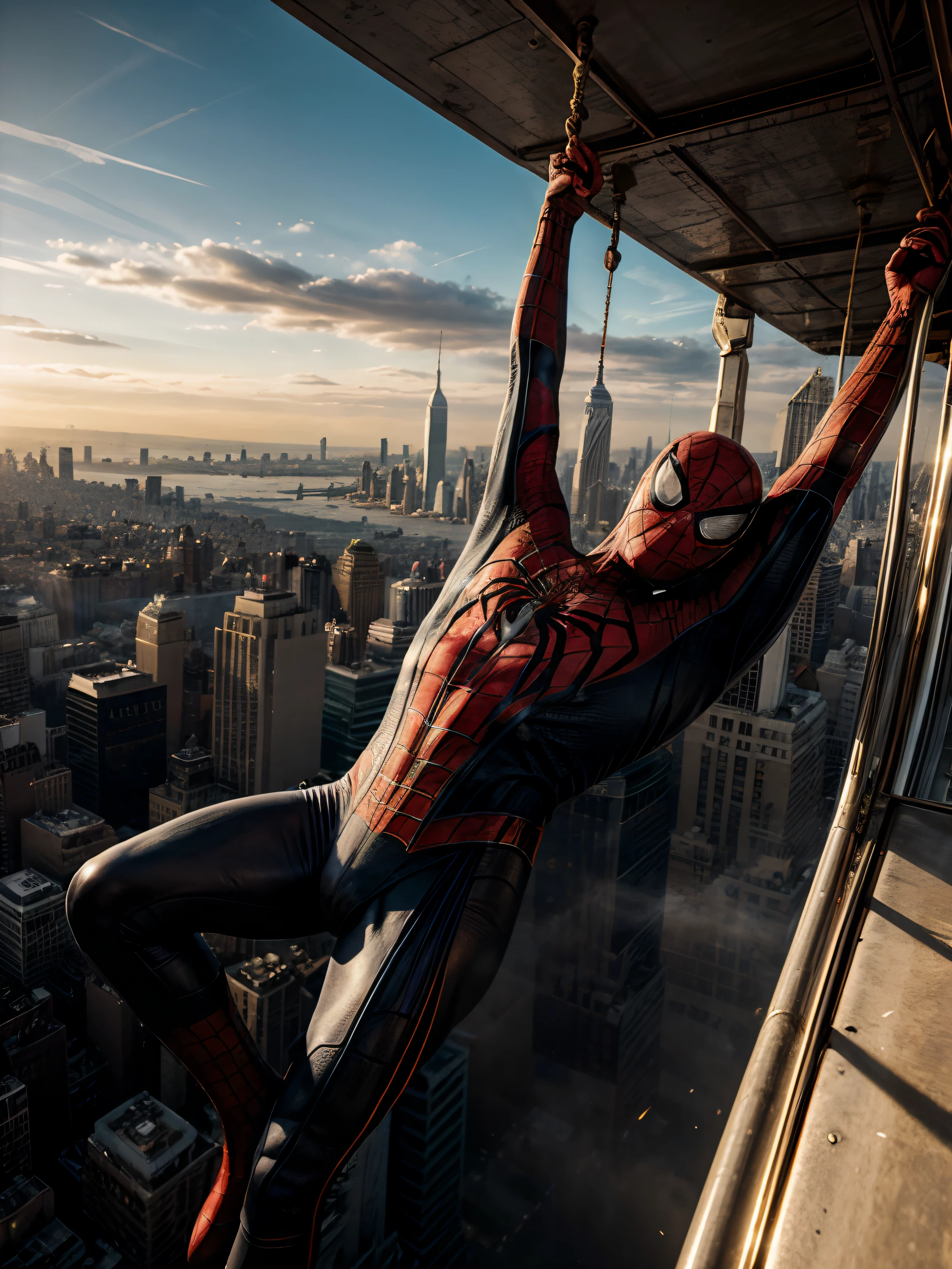 Spiderman swinging on his spider web past The Empire State Building looking down on NYC as he holds on with one arm, cinematic, dramatic light, golden hour, haze, crystal clear image, highly detailed, 8k
