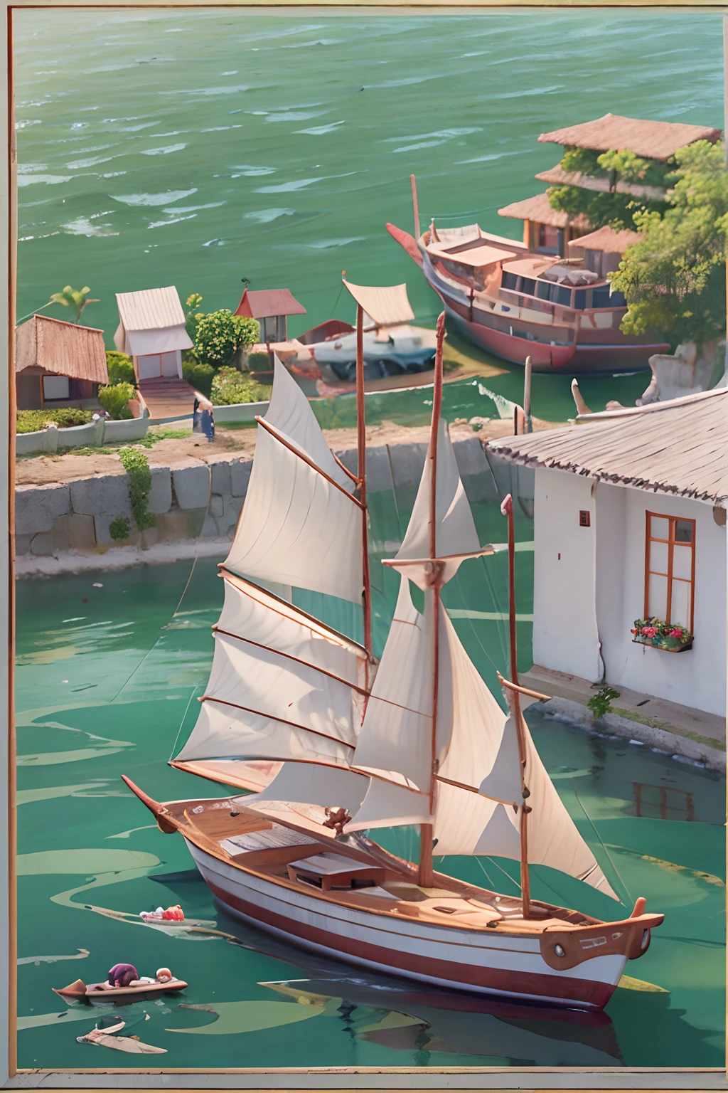 Pequena vila a beira mar, Barcos pequenos, pessoas simples, O detalhe, HD 8K, best quality,Ultra - Detalhado, illustration,melhor sombra,master part,A high resolution,arte profissional,obras de arte famosas