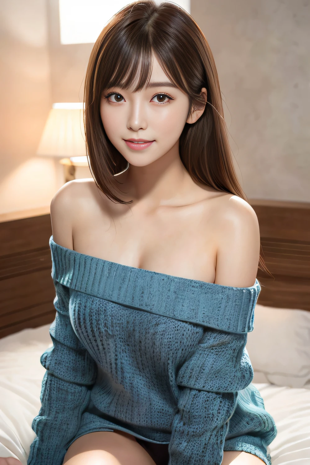 Best Quality, masutepiece, 超A high resolution, (photographrealistic:1.4),(depth of fields),Realistic, Professional Lighting, Physically-based rendering,
1girl in, (contented smile:1.2), Cinematic Light,
25 years old, view straight on, girl, Woman, (韓国アイドル), Long hair, hair messy, asymmetrical bangs, Brown hair, Authentic and detailed face, ((Slim Face)), ((off-shoulder knit)), Authentic skin texture, (bed:1.5), extremely detailed CG unity 8k, (25 years old:1.5),