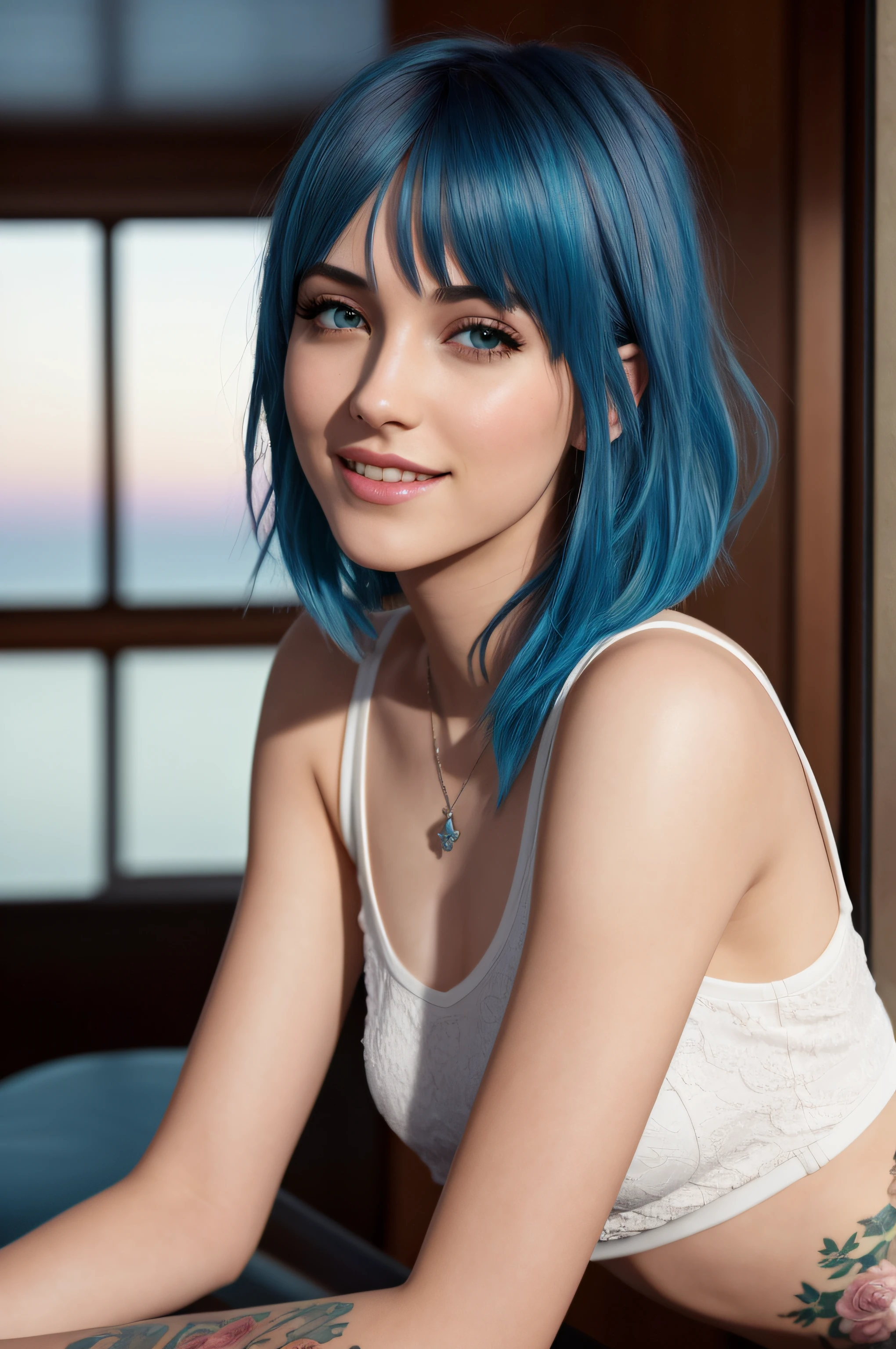 Chloe Price, life is strange, intricate, full body, blue hair, tattoos on arm, short hair, american diner, sunset, perfect slim and fit body, small waist, graceful pose, big smile, absurdres, high res, ultrasharp, 8K, masterpiece, looking at viewer, (Beautiful girl on logl:1.3), intricate, Masterpiece, highest quality, 1girl, intricate hair, best illumination, (best shadow, an extremely delicate and beautiful, bloom), masterpiece, best quality:1.1, realistic:1.3, cinematic lighting