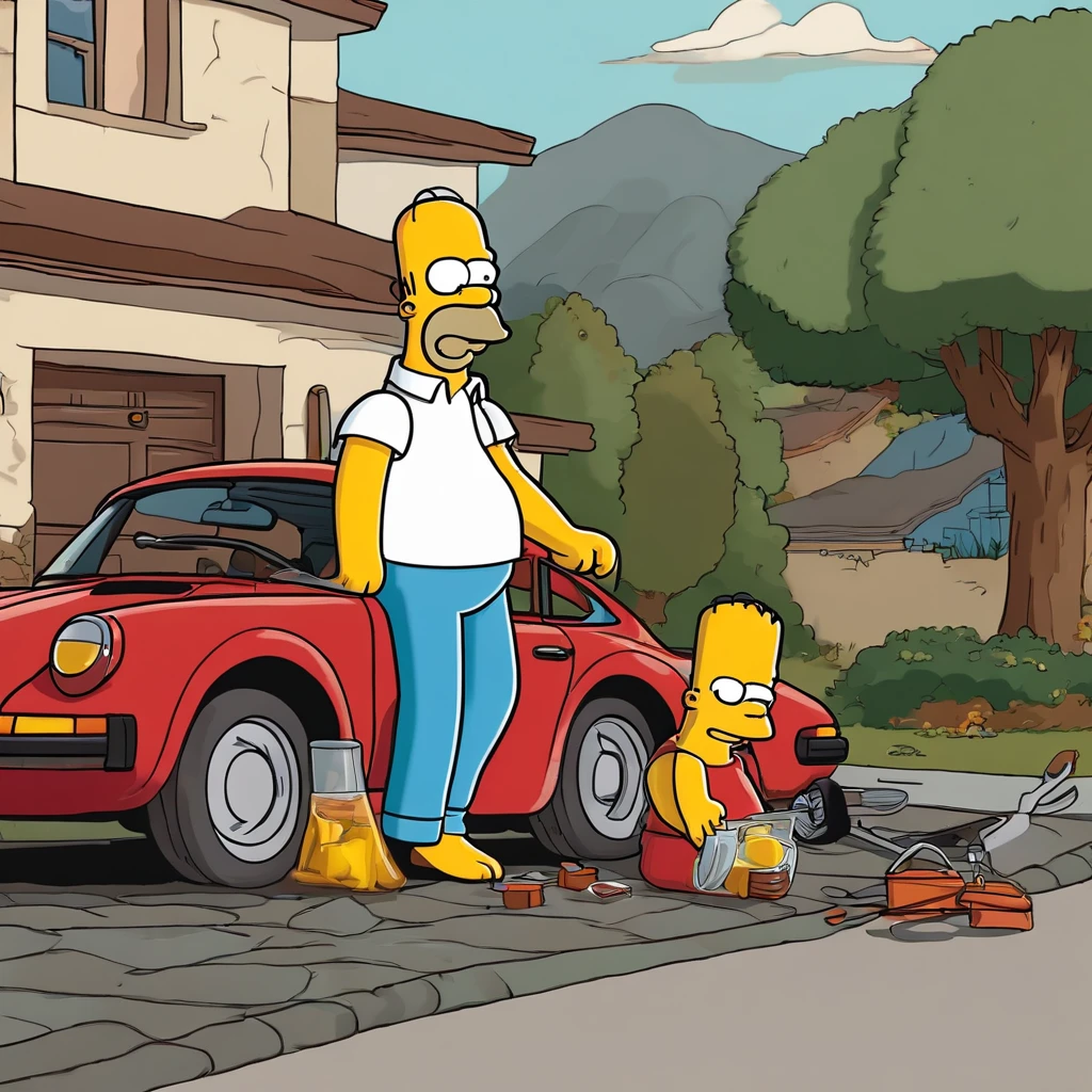 Homer Simpson repairs his Porsche 911 in front of his house, Les Simpson