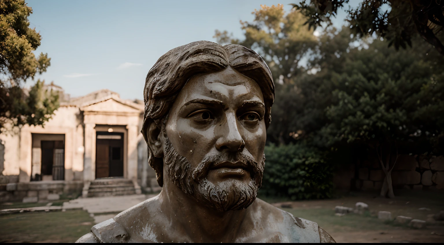 Ancient Stoic Statue With Very Angry Expression, tem barba, muitos detalhes em ambos os olhos, Outside, fundo atenas grego, open sky, com rosto extremamente detalhado full body view, Colors with low saturation with dark tone, Filmado em Sony A7S III com Sony FE 35mm f/1.8, 12.1 MP, --AR 3:2 --estilo cru