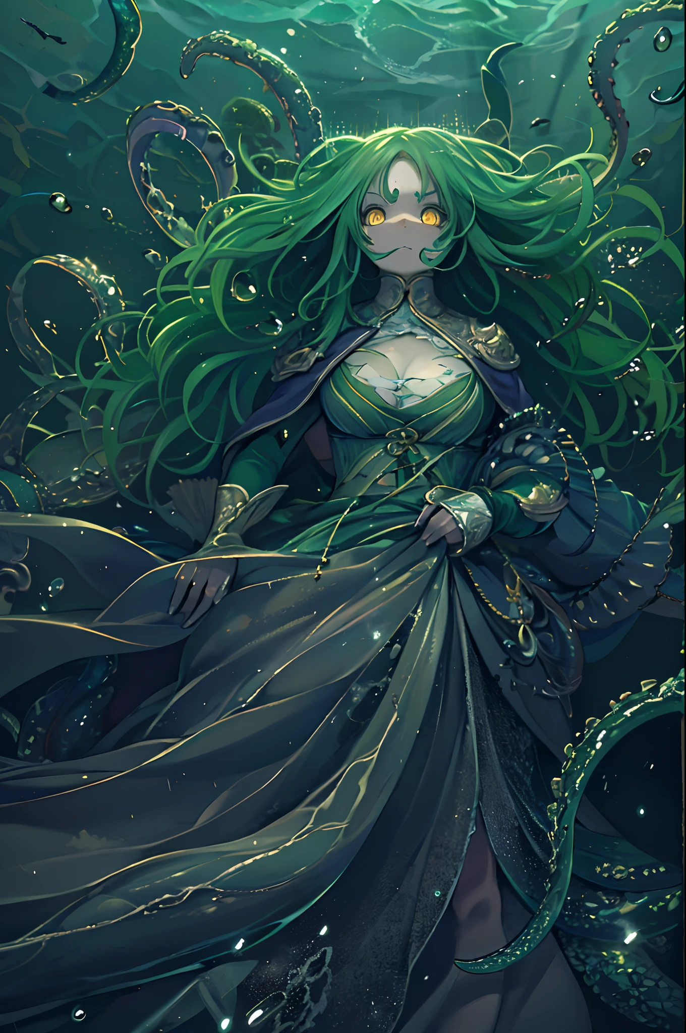 Sea Witch Photos, long green hair, Evil, Villain, She's coming to you, Up close, Dark sea,( under the water:1.1), Lightning, Bright eyes, Wearing a dress made of algae, tentacles, octopus, (Up close:1.3)