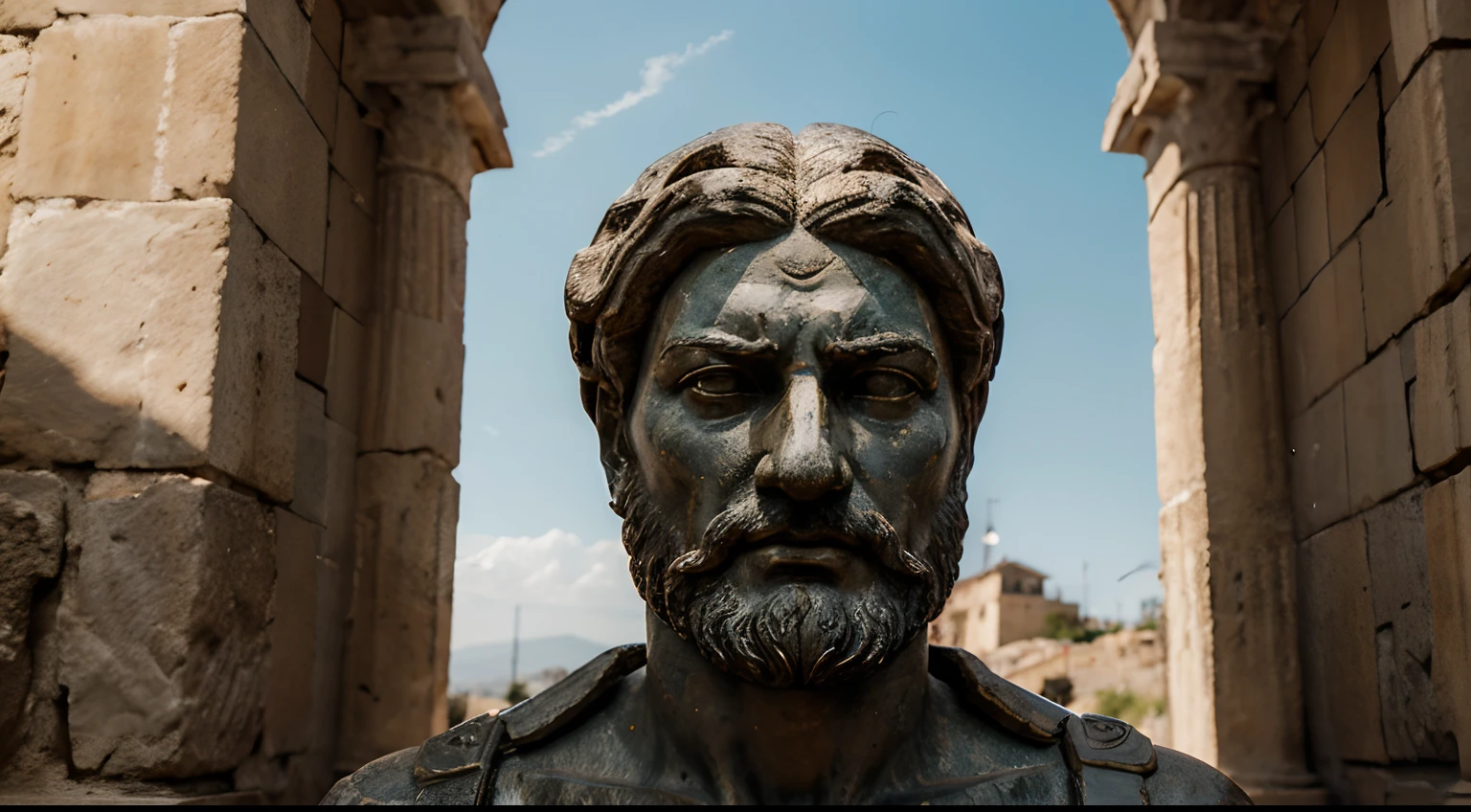 Ancient Stoic Statue With Very Angry Expression, tem barba, muitos detalhes em ambos os olhos, Outside, fundo atenas grego, open sky, com rosto extremamente detalhado full body view, Colors with low saturation with dark tone, Filmado em Sony A7S III com Sony FE 35mm f/1.8, 12.1 MP, --AR 3:2 --estilo cru