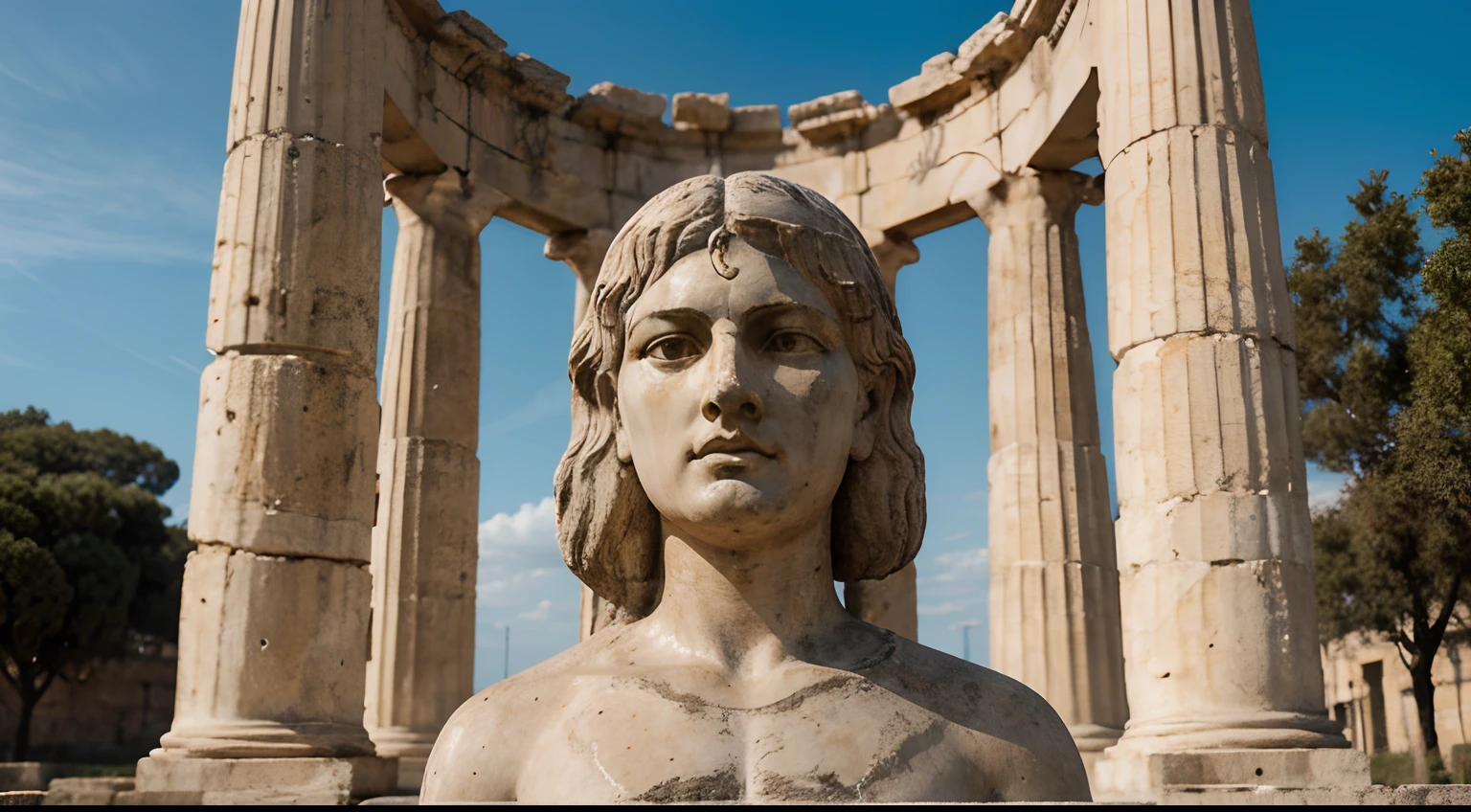 Ancient Stoic Statue With Very Angry Expression, tem barba, muitos detalhes em ambos os olhos, Outside, fundo atenas grego, open sky, com rosto extremamente detalhado full body view, Colors with low saturation with dark tone, Filmado em Sony A7S III com Sony FE 35mm f/1.8, 12.1 MP, --AR 3:2 --estilo cru