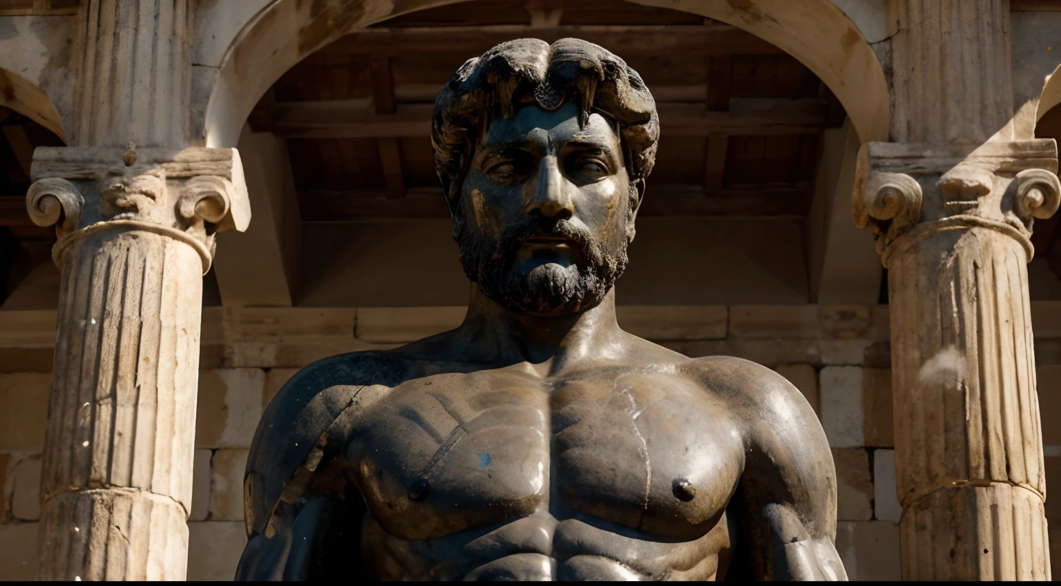 Ancient Stoic Statue With Very Angry Expression, tem barba, muitos detalhes em ambos os olhos, Outside, fundo atenas grego, open sky, com rosto extremamente detalhado full body view, Colors with low saturation with dark tone, Filmado em Sony A7S III com Sony FE 35mm f/1.8, 12.1 MP, --AR 3:2 --estilo cru