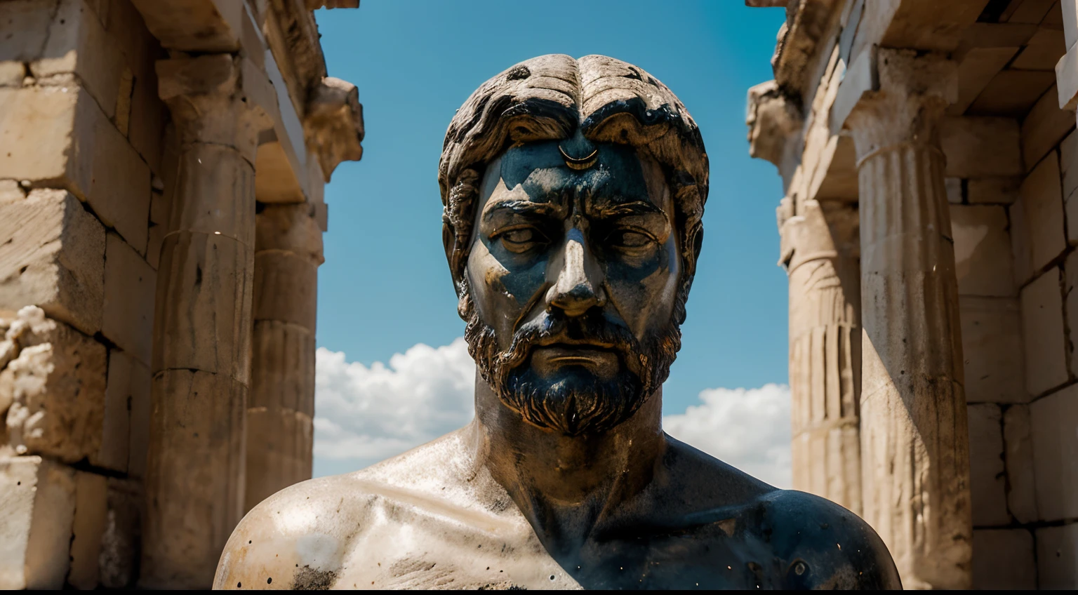 Ancient Stoic Statue With Very Angry Expression, tem barba, muitos detalhes em ambos os olhos, Outside, fundo atenas grego, open sky, com rosto extremamente detalhado full body view, Colors with low saturation with dark tone, Filmado em Sony A7S III com Sony FE 35mm f/1.8, 12.1 MP, --AR 3:2 --estilo cru