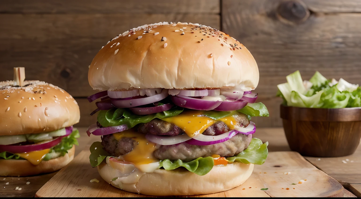 Create a high-resolution, ultra-realistic 4K image of a burger with cheddar, a juicy beef patty, a gourmet poppy seed bun, crisp iceberg lettuce, and red onions. The burger should be positioned against a rustic wooden background, capturing it from the front to showcase all the delicious details. Ensure warm, vibrant colors and make sure to exclude tomatoes from the composition.