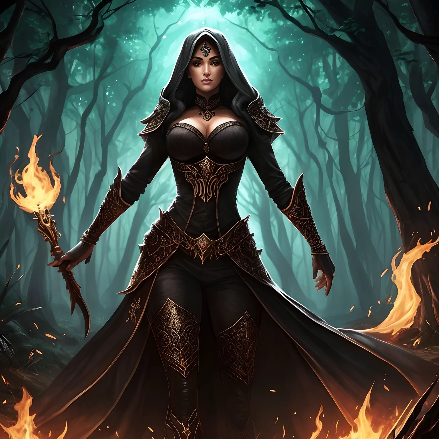 Melhor qualidade, extremamente detalhado, (retrato), de uma maligna demoniaca e bela garota gerreira, Beautful, cabelos brancos, corpo lindo, pele palida, olhos brancos sem retinas, sombreado preto escorrido e em volta dos olhos, Her appearance is that of undead Spectro, roupas pretas rasgadas em uma floresta seca e morta, infernal, 8k, ultra detalhado e realista