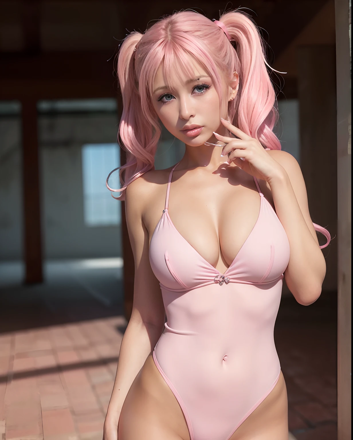 ulzzang-6500-v1.1,(raw photo:1.2),((photorealistic:1.4)),best quality ,masterpiece, illustration, an extremely delicate and beautiful, extremely detailed ,CG ,unity ,8k wallpaper, Amazing, finely detail, official art,extremely detailed CG unity 8k wallpaper,absurdres, incredibly absurdres, huge filesize, ultra-detailed, highres, beautiful detailed girl, extremely detailed eyes and face, beautiful detailed eyes,light on face,cinematic lighting,((extremely pink tight suit clothing)),1girl, Paris Hilton, small breasts :1.2, full body,full-body shot,looking at viewer,((light pink hair)), red eyes,((bliss)), best detailed background, ((cosplay)), (smile), twintails, ((hold a rifle)),