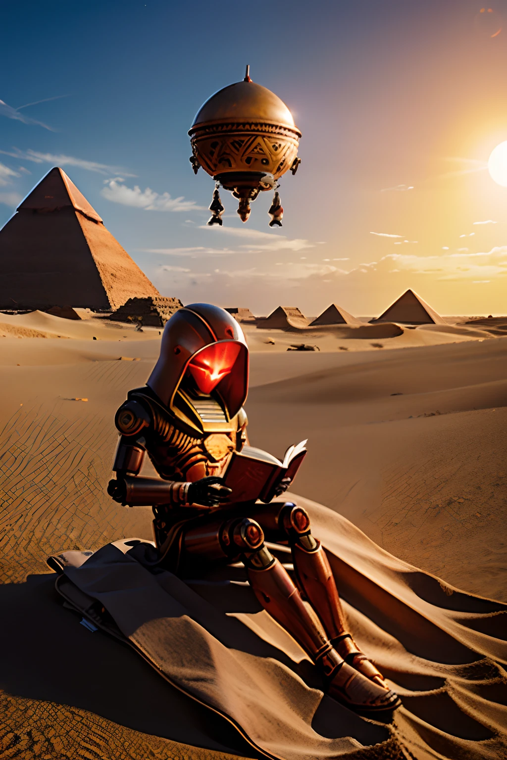 Robot in aged red metal, metal marrom enferrujado, luzes brilhantes, The robot is reading a book at the foot of a dune and in the background is a gigantic Egyptian pyramid and over it a flying saucer.