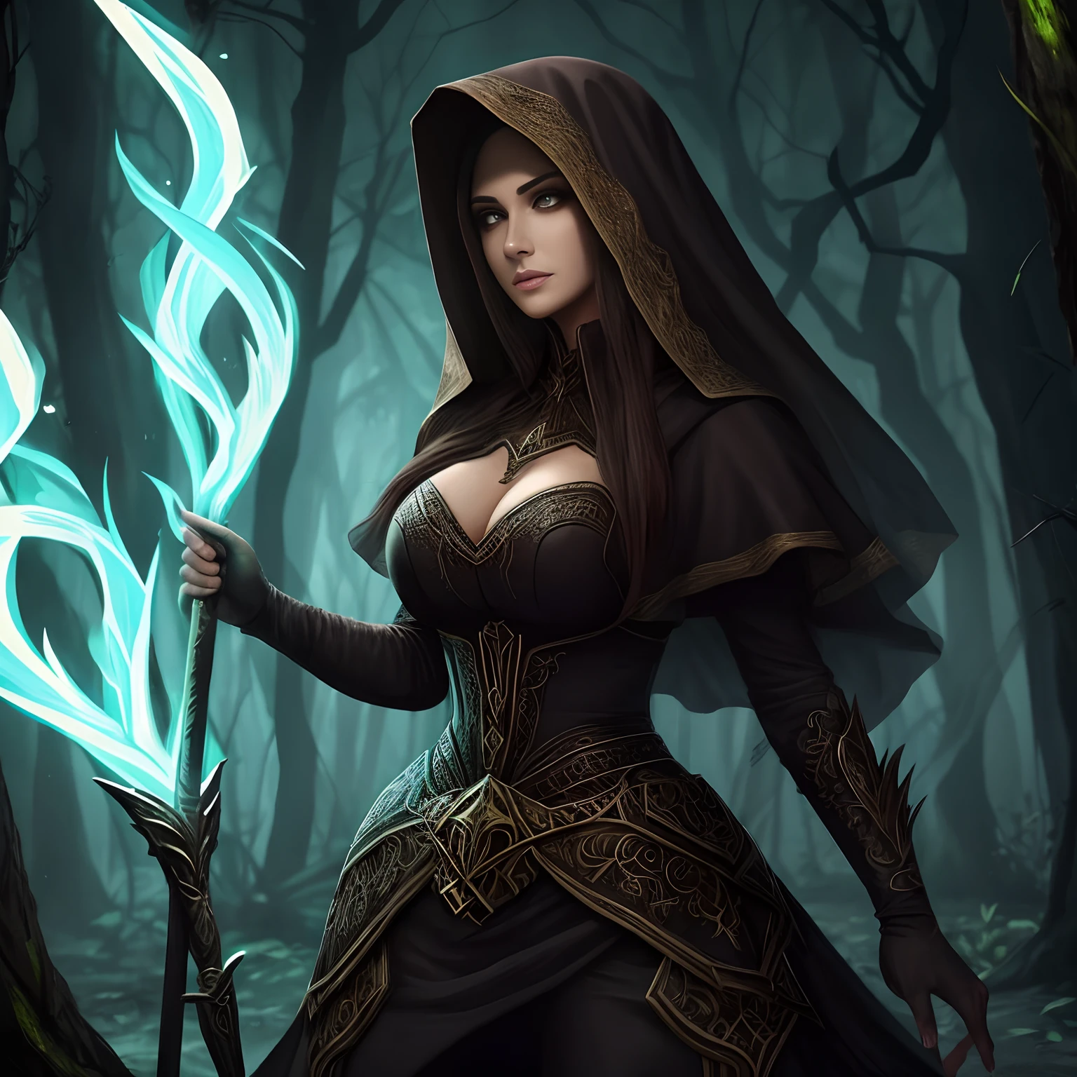Melhor qualidade, extremamente detalhado, (retrato), de uma maligna demoniaca e bela garota gerreira, Beautful, cabelos brancos, corpo lindo, pele palida, olhos brancos sem retinas, sombreado preto escorrido e em volta dos olhos, Her appearance is that of undead Spectro, roupas pretas rasgadas em uma floresta seca e morta, infernal, 8k, ultra detalhado e realista