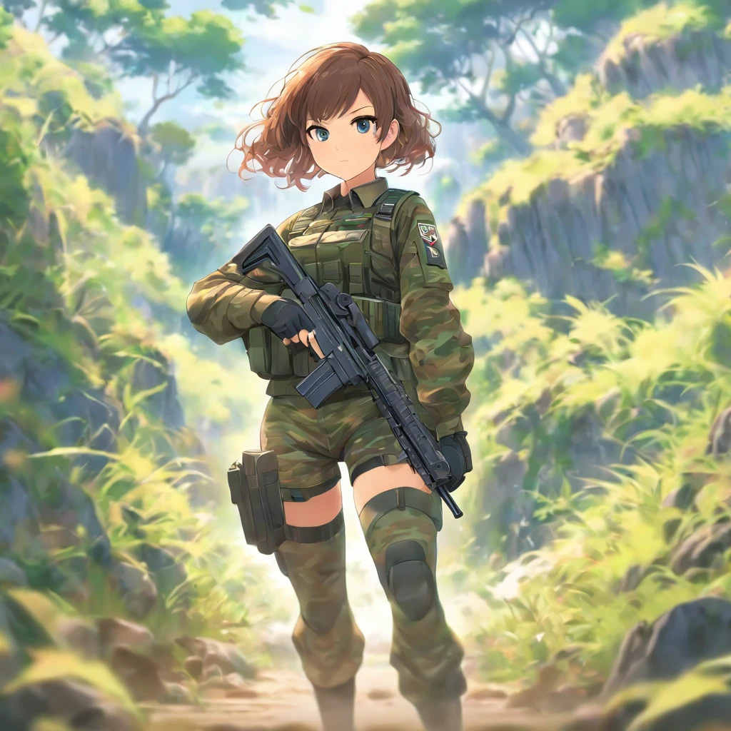 camouflage uniform、Girl with a submachine gun、Brown hair、Shorthair、Landscape view、white backgrounid、