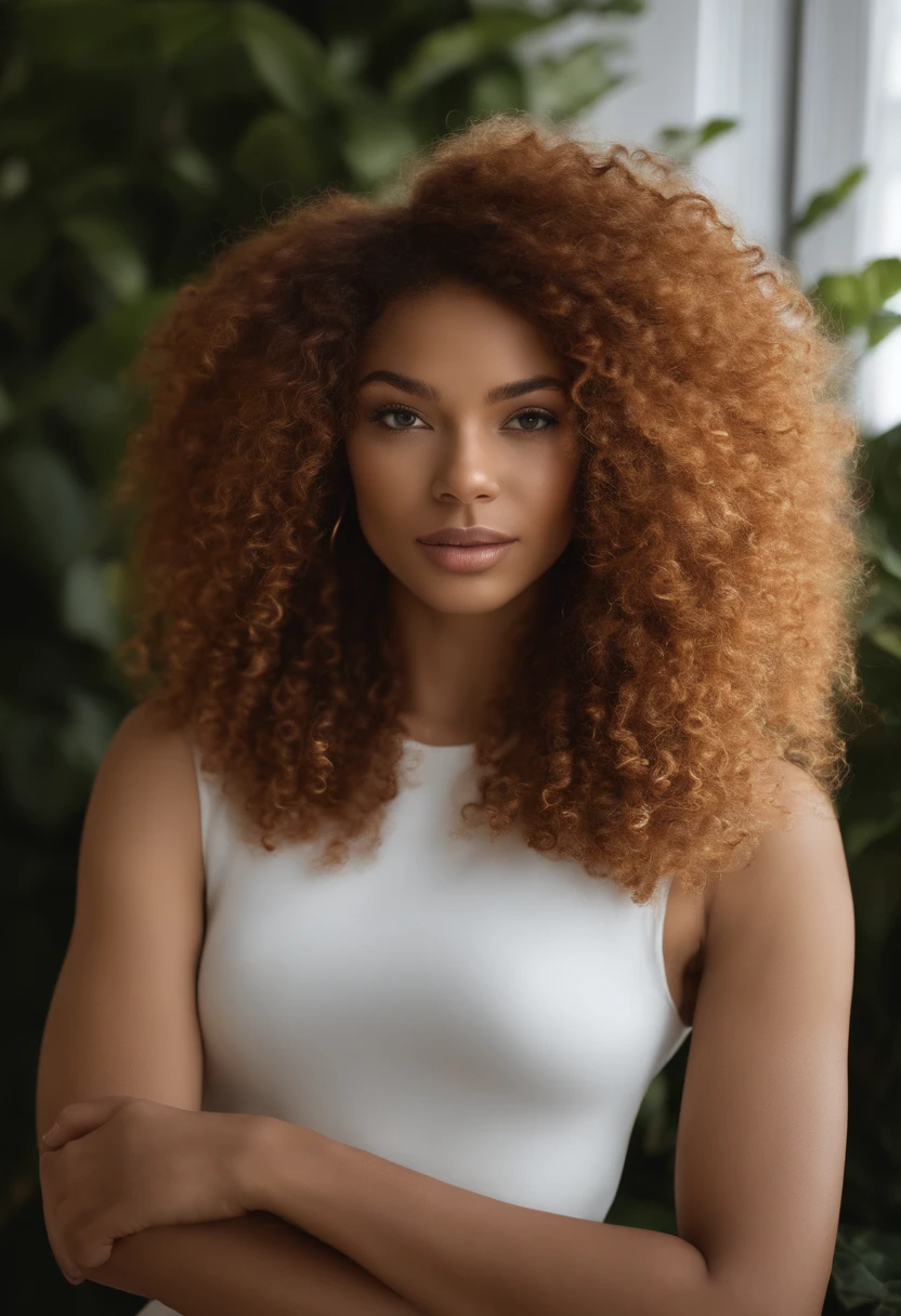 "Ultra-realistic image of a beautiful 20-year-old African-American girl, ,Dark caramel bark, corps parfait, Prendre un selfie dans un studio photo avec son iPhone 14, muscler, taille en forme, cheveux blond, curly short hair  , piercing green eyes.hyper-realistic，anatomie correcte，Facial features are carefully represented，Boucles gratuites, curly red hair, (cour, curly red hair), Long curly wild red hair, cheveux multiversaux,  cour, curly red hair, curly blonde hair, Boucles, wavy hair spread out, Boucles baroques, Boucles, Curly,Texture des cheveux, Curly bang, eclairage parfait, Photo Studio Decoration