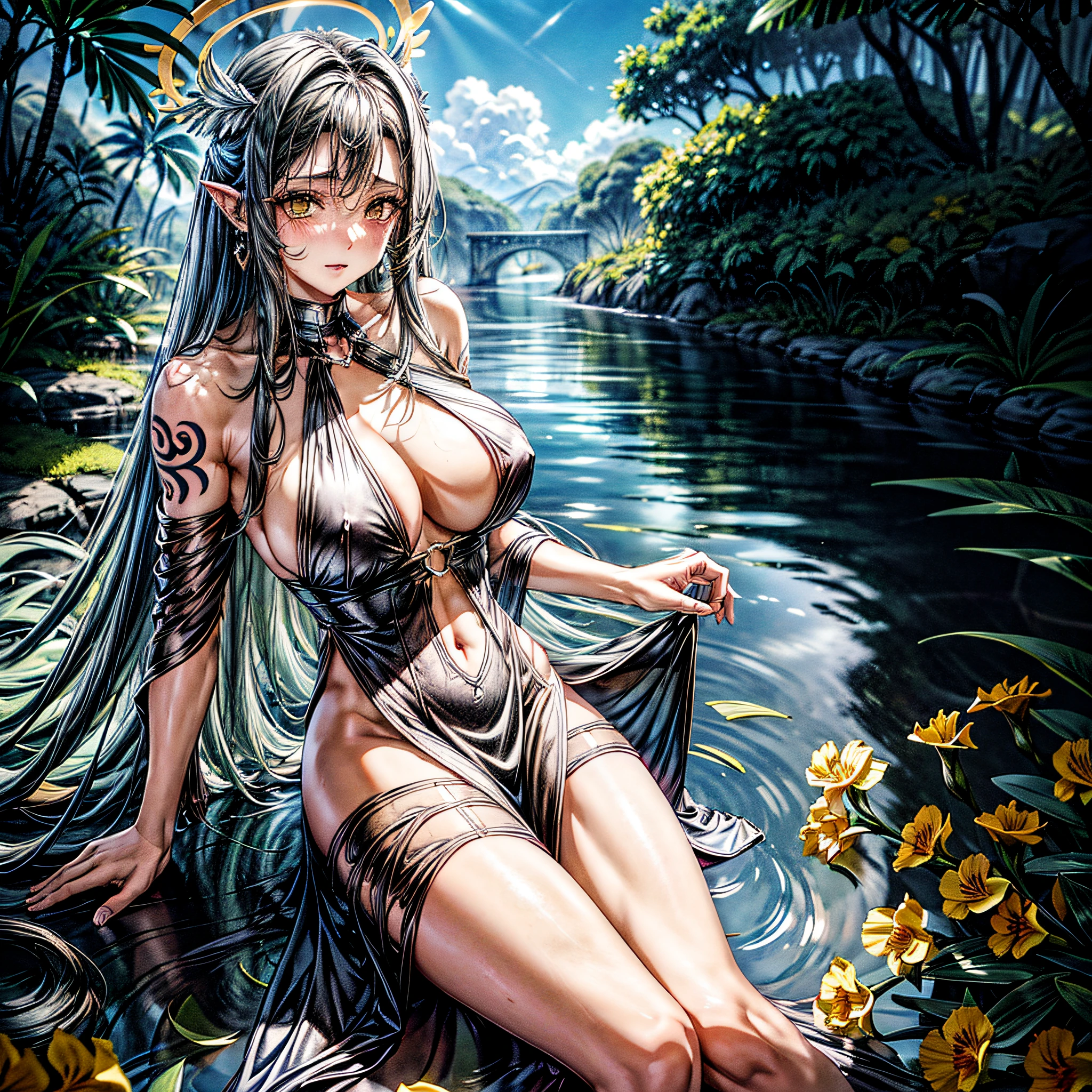 Halo Anjo Feminino, - Pupila de fenda, luvas negras, vestido preto, bareshoulders, colarinho destacado, clivagem, asas negras, feathered handles, asas grandes, Cabelos Longos, cabelos brancos, olhos amarelos,yellow iris, 4k, Ultra Detalhado, she's looking at the camera, Vilania, Succcubi tattoo on the abdomen in the hypogastrium area, vestido longo chique de cor negra.