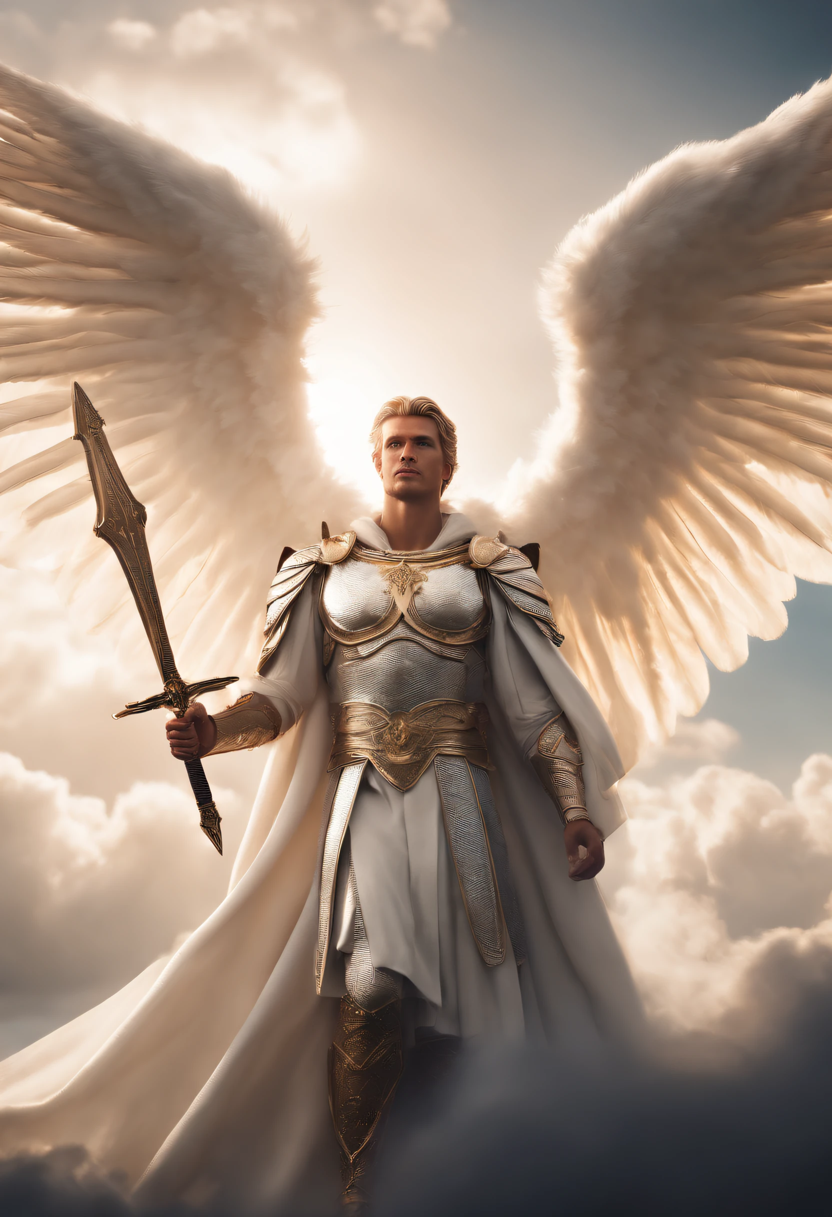 Archangel Michael, bright white robe, with two giant wings and a sword in his hand, set design a sky many cloudsultra detailed artistic photography, glare, shadows, ultra high definition, 8k, unreal engine 5, ultra sharp focus, cinematic character rendering production highly detailed, high quality model