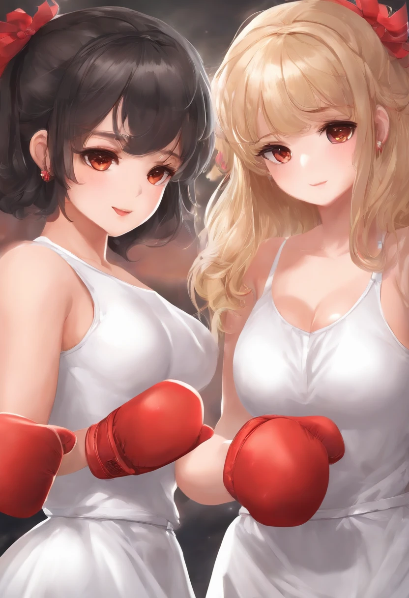 (masterpieces, best quality) 2cute girls, flat chest, white dress, boxing, body blow, vomiting gastric juice