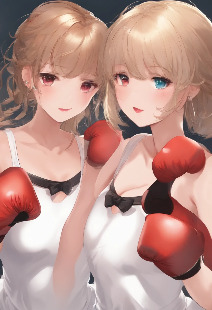 (masterpieces, best quality) 2cute girls, flat chest, white dress, boxing, body blow, vomiting gastric juice