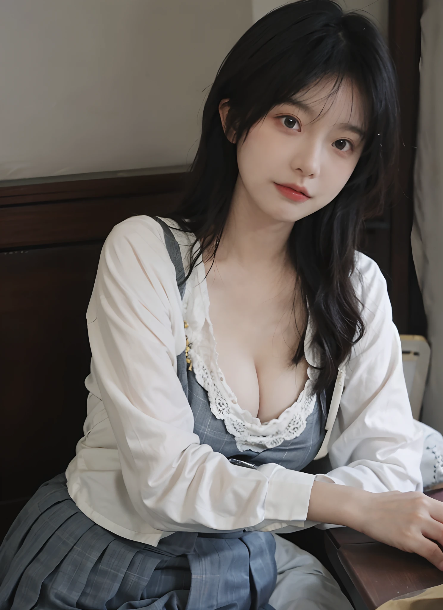 best qualtiy, 超高分辨率, (realisticlying:1.4), one-girl, A pair of clear and moving eyes,Royal Sister,Snow-white school uniform, (big cleavage breasts:1.2), looking at viewert, closeup cleavage ,