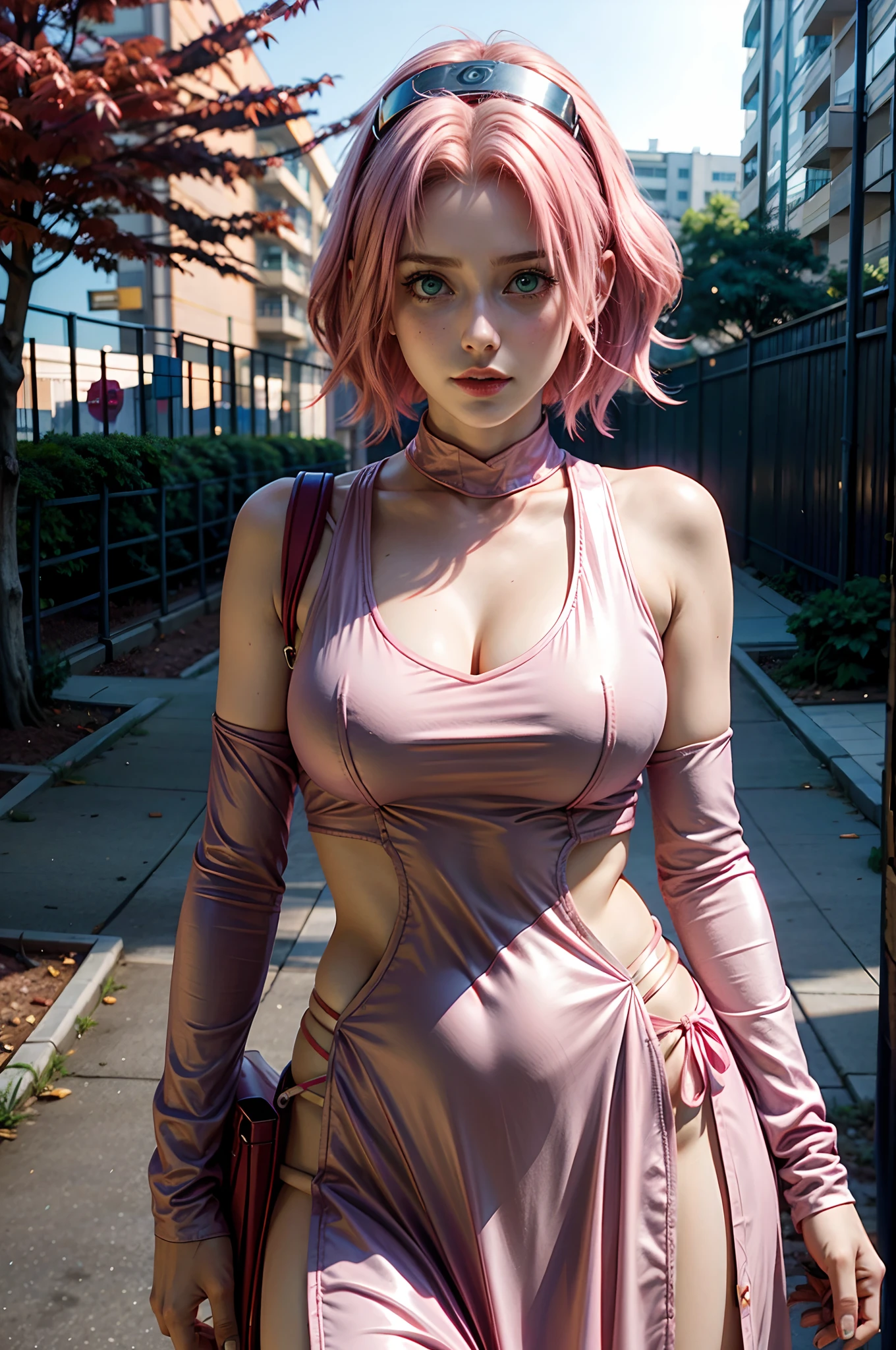 there is a woman with pink hair and a red top posing, better known as amouranth, anime girl in real life, amouranth, alena aenami and artgerm, seductive anime girl, haruno sakura, some pink, open v chest clothes, cleavage, young beautiful amouranth, cute girl with short pink hair, thicc, oppai cyberpunk