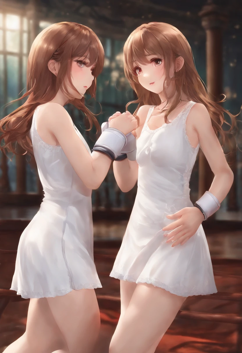 2cute girls, loli, flat chest, white dress, boxing, body blow, vomiting