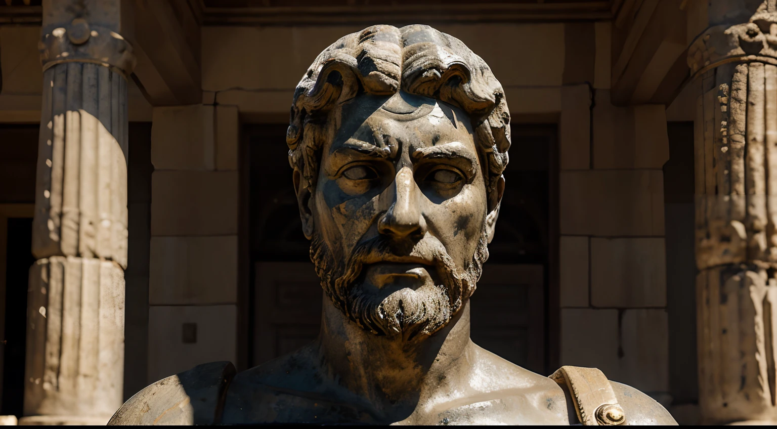 Ancient Stoic Statue With Very Angry Expression, tem barba, muitos detalhes em ambos os olhos, Outside, fundo atenas grego, open sky, com rosto extremamente detalhado full body view, Colors with low saturation with dark tone, Filmado em Sony A7S III com Sony FE 35mm f/1.8, 12.1 MP, --AR 3:2 --estilo cru