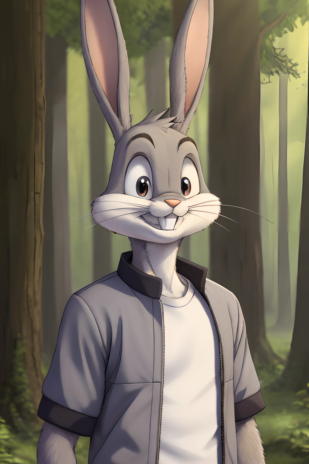 gloves, male, solo, bugs bunny, rabbit, buckteeth, forest, long ears, grey body, grey fur, white fur,furry,  grin, forest, upper body, short-sleeved jacket with white lining,16k(detailed face and eyes:1.3),
 ,furry,no humans, 
Ultra-detail,(highres:1.1),best quality,(masterpiece:1.3),anime style, anime screencap, 2010s_\(style\),