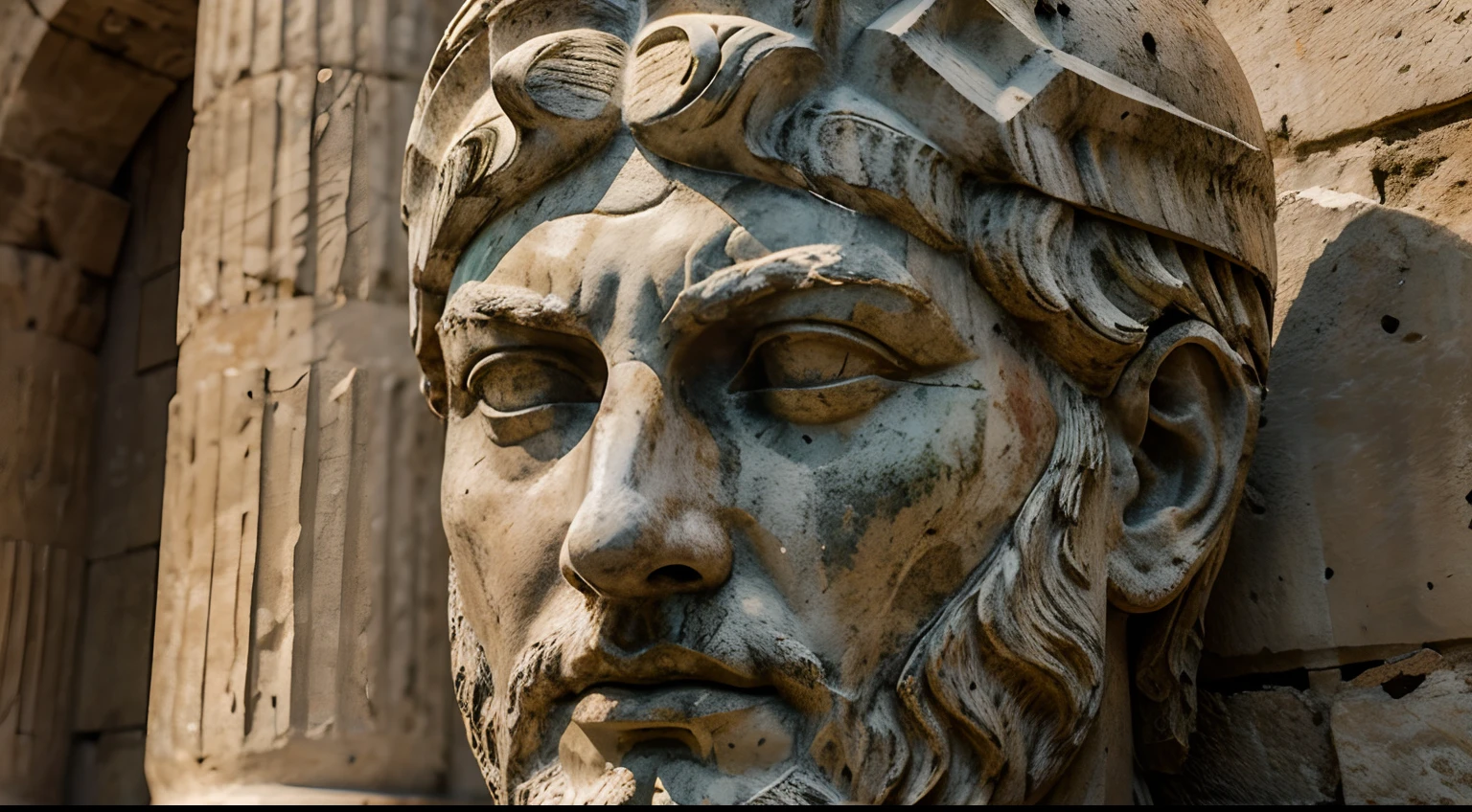 Ancient Stoic Statue With Very Angry Expression, tem barba, muitos detalhes em ambos os olhos, Outside, fundo atenas grego, open sky, com rosto extremamente detalhado full body view, Colors with low saturation with dark tone, Filmado em Sony A7S III com Sony FE 35mm f/1.8, 12.1 MP, --AR 3:2 --estilo cru