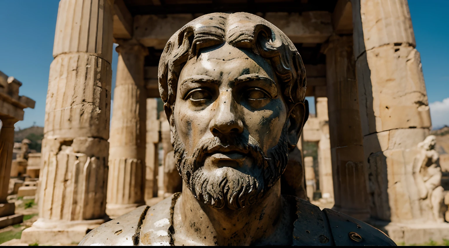 Ancient Stoic Statue With Very Angry Expression, tem barba, muitos detalhes em ambos os olhos, Outside, fundo atenas grego, open sky, com rosto extremamente detalhado full body view, Colors with low saturation with dark tone, Filmado em Sony A7S III com Sony FE 35mm f/1.8, 12.1 MP, --AR 3:2 --estilo cru
