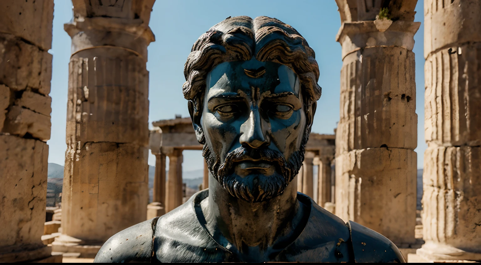 Ancient Stoic Statue With Very Angry Expression, tem barba, muitos detalhes em ambos os olhos, Outside, fundo atenas grego, open sky, com rosto extremamente detalhado full body view, Colors with low saturation with dark tone, Filmado em Sony A7S III com Sony FE 35mm f/1.8, 12.1 MP, --AR 3:2 --estilo cru