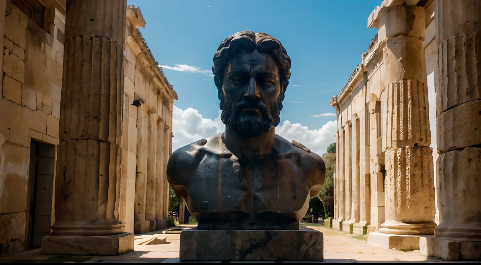 Ancient Stoic Statue With Very Angry Expression, tem barba, muitos detalhes em ambos os olhos, Outside, fundo atenas grego, open sky, com rosto extremamente detalhado full body view, Colors with low saturation with dark tone, Filmado em Sony A7S III com Sony FE 35mm f/1.8, 12.1 MP, --AR 3:2 --estilo cru