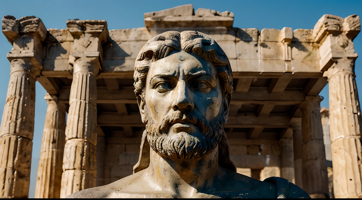 Ancient Stoic Statue With Very Angry Expression, tem barba, muitos detalhes em ambos os olhos, Outside, fundo atenas grego, open sky, com rosto extremamente detalhado full body view, Colors with low saturation with dark tone, Filmado em Sony A7S III com Sony FE 35mm f/1.8, 12.1 MP, --AR 3:2 --estilo cru