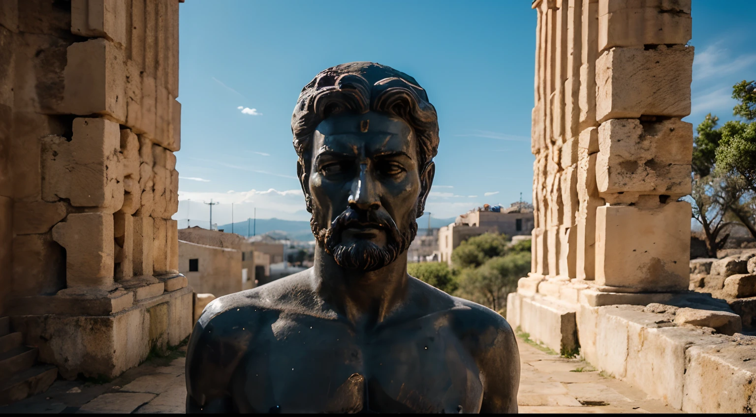 Ancient Stoic Statue With Very Angry Expression, tem barba, muitos detalhes em ambos os olhos, Outside, fundo atenas grego, open sky, com rosto extremamente detalhado full body view, Colors with low saturation with dark tone, Filmado em Sony A7S III com Sony FE 35mm f/1.8, 12.1 MP, --AR 3:2 --estilo cru