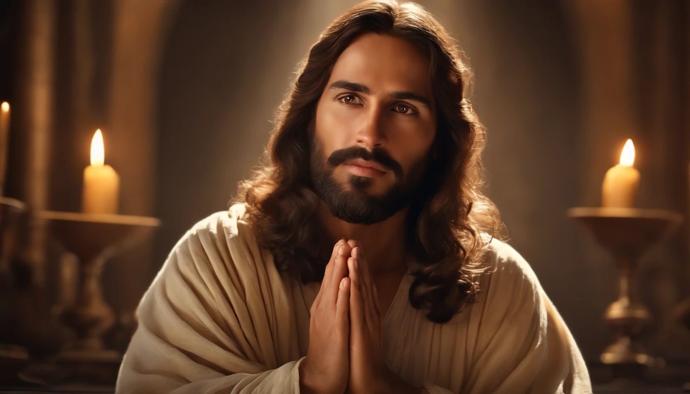 (melhor qualidade,4k,8k,Altas,master part:1.2),ultra-detalhado,(Realistic,fotorrealista,photo-realistic:1.37),jesus cristo, in Prayer, with folded hands, estilo de arte tradicional,vivid and dynamic brushstrokes,Ancient playful setting ,Charismatic expression,postura humilde,historic portrait,Noble Features,estilo de pintura de tinta e lavagem,finely detailed facial features,Paradisiacal scenery,olhar confiante,,ambiente com Luz do sol dourada iluminando a cena,aura angelical,atmosphric perspective,Explosive lighting